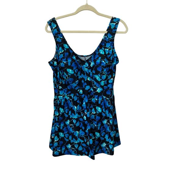 Azul Swimsuit Womens 22W Blue Black Floral Tankini One‎ Piece Padded Beach - Picture 1 of 7
